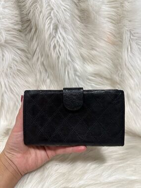 Authentic CHANEL Black Quilted Leather Wallet with Snap Tab
